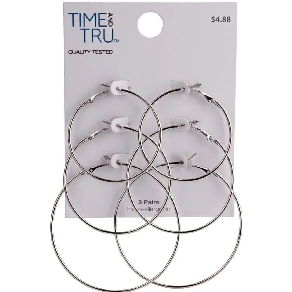 🌼🌼Time & Tru 3-on imitation rhodium hoop earrings set NWT🌼🌼
